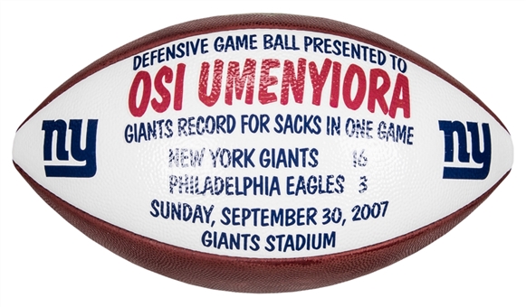 2007 Game Used Football Presented To Osi Umenyiora For Record Sacks in One Game 9/30/07
